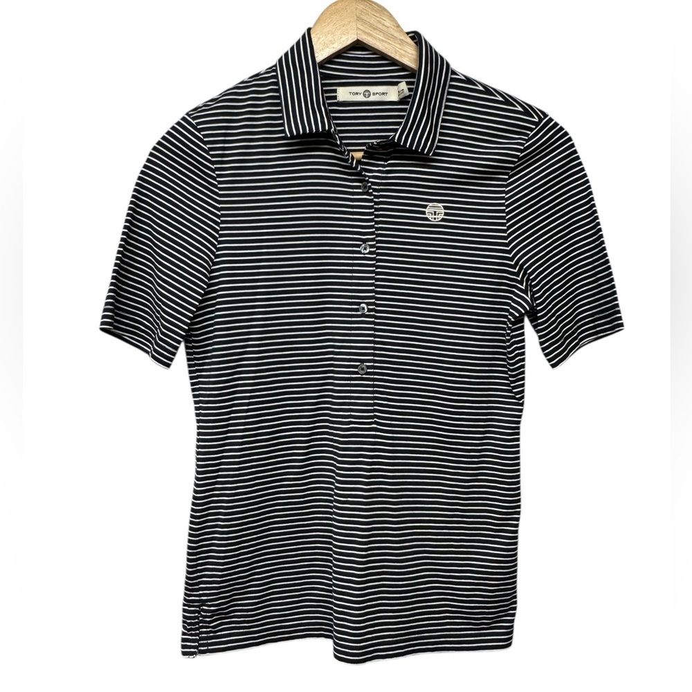 TORY BURCH SPORT Striped Mercerized Cotton Polo Shirt in Navy
Size Small